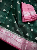 Bottle Green with Dusty Pink Border banarasi semi-kora saree with silver zari with dusty pink border — Kaash Collection