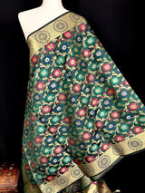 Bottle Green Semi Banarasi Floral dupatta in semi banarasi soft silk with floral jaal with meenakari & muted gold zari — Kaash Collection