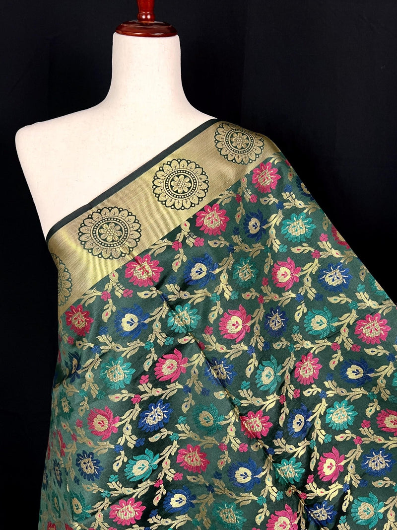 Bottle Green Semi Banarasi Floral dupatta in semi banarasi soft silk with floral jaal with meenakari & muted gold zari — Kaash Collection