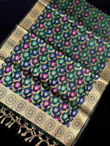 Bottle Green Semi Banarasi Floral dupatta in semi banarasi soft silk with floral jaal with meenakari & muted gold zari — Kaash Collection