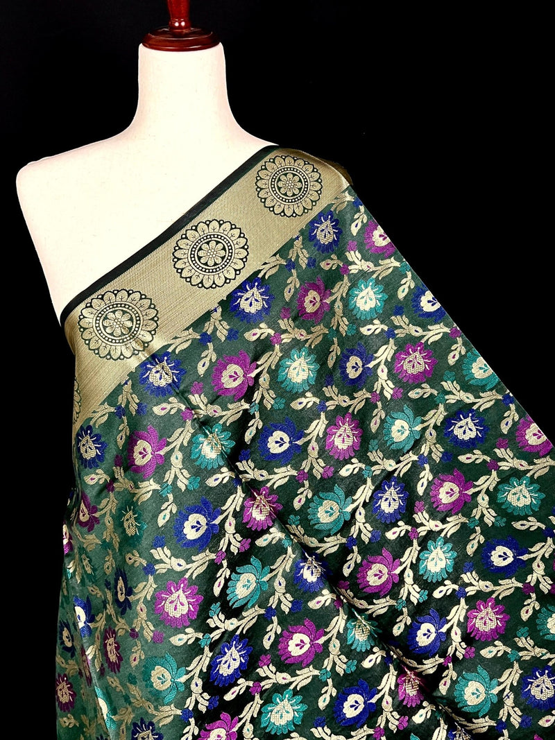 Bottle Green Semi Banarasi Floral dupatta in semi banarasi soft silk with floral jaal with meenakari & muted gold zari — Kaash Collection