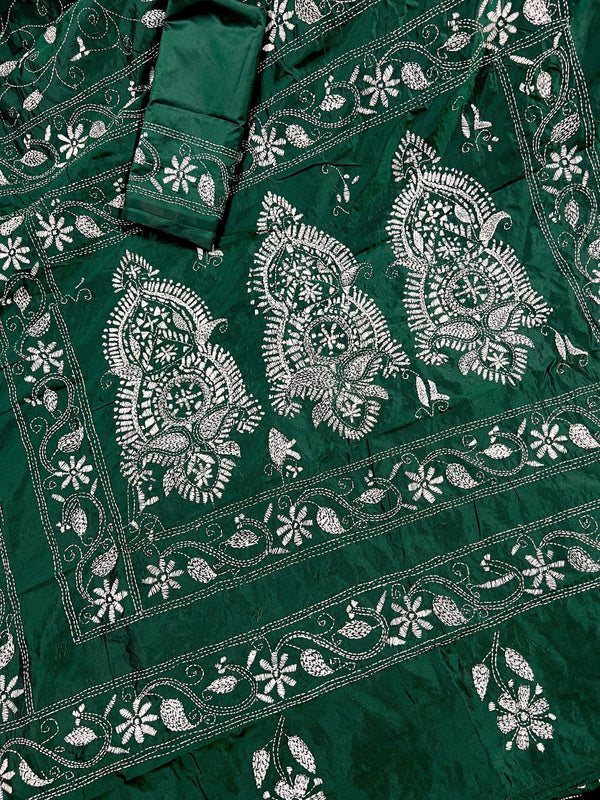 Bottle Green Color Bangalori Silk Saree with Hand Kantha Stitch - Handwoven Kantha Stitch Sarees - Kantha Saree - Kaash