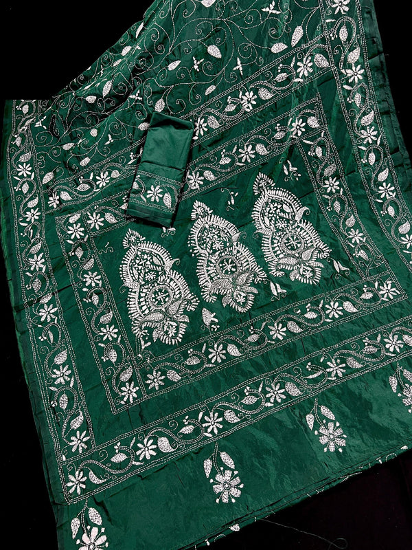 Bottle Green Color Bangalori Silk Saree with Hand Kantha Stitch - Handwoven Kantha Stitch Sarees - Kantha Saree - Kaash