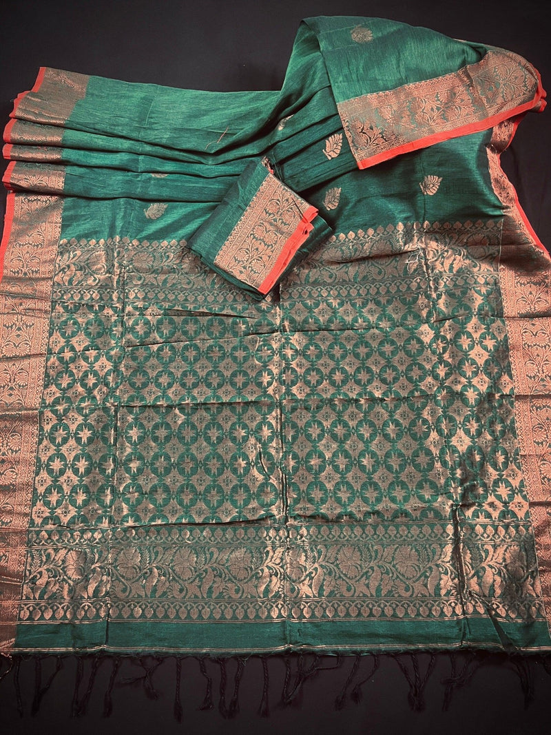 Bottle Green with Red Borders saree in bengal linen silk handloom with floral buttis with copper zari weaving — Kaash Collection