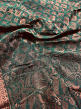 Bottle Green with Red Borders saree in bengal linen silk handloom with floral buttis with copper zari weaving — Kaash Collection