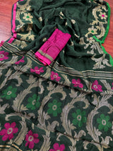 Bottle Green Color Linen Handloom Saree with Floral Pattern | Linen Saree | Handwoven Sarees | Gift for Her | Bengal Sarees | Meenakari - Kaash