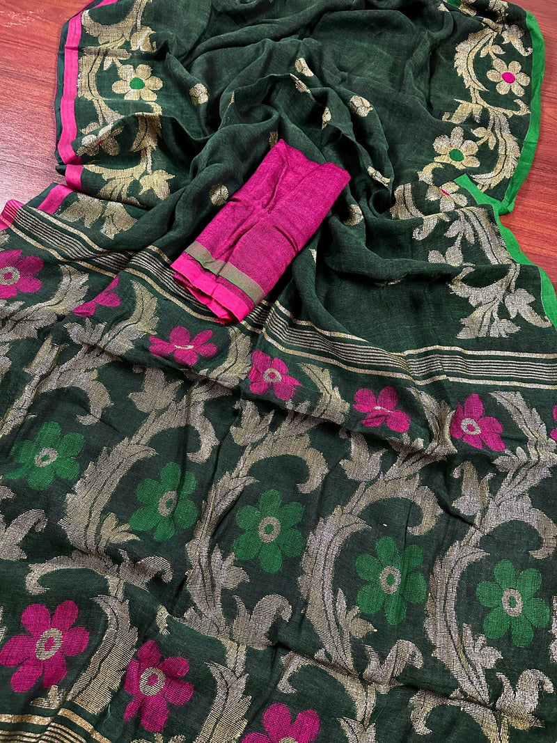 Bottle Green Color Linen Handloom Saree with Floral Pattern | Linen Saree | Handwoven Sarees | Gift for Her | Bengal Sarees | Meenakari - Kaash