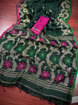 Bottle Green Color Linen Handloom Saree with Floral Pattern | Linen Saree | Handwoven Sarees | Gift for Her | Bengal Sarees | Meenakari - Kaash