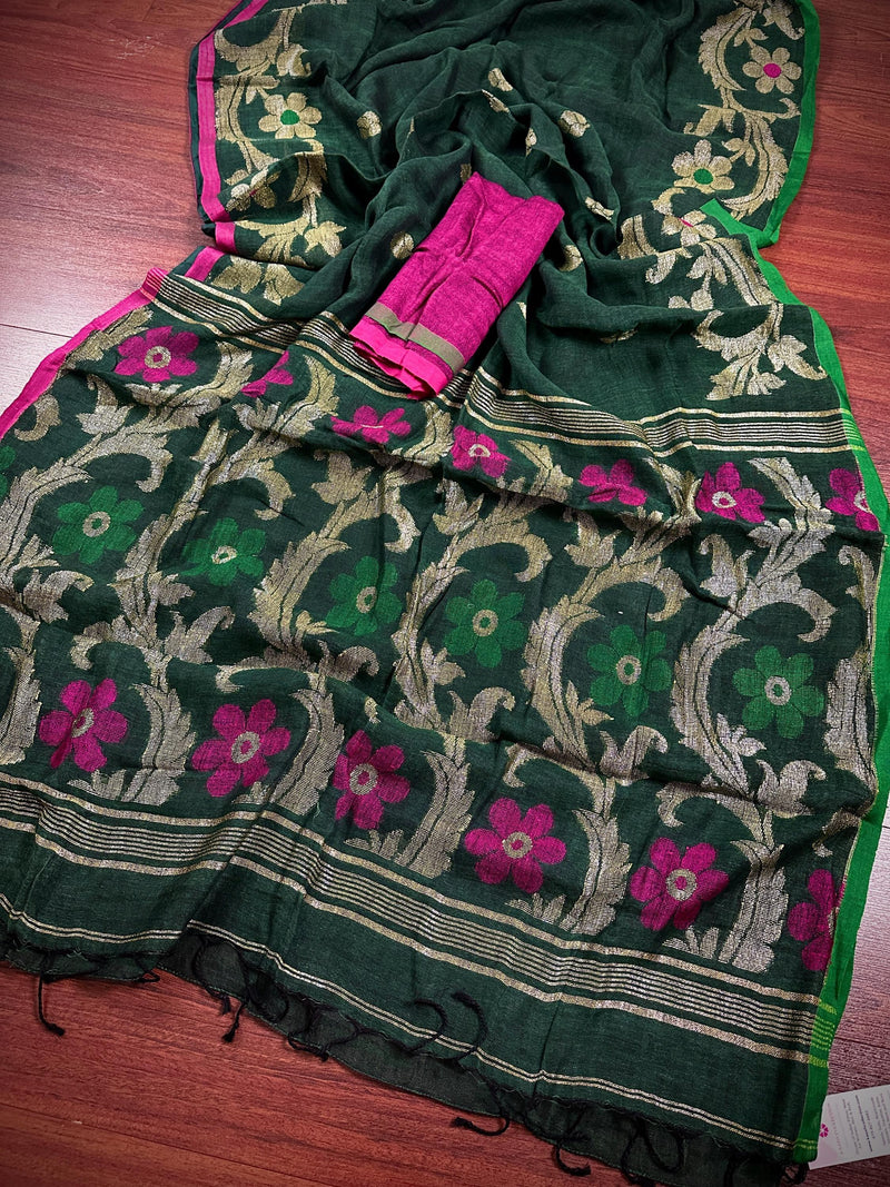 Bottle Green Color Linen Handloom Saree with Floral Pattern | Linen Saree | Handwoven Sarees | Gift for Her | Bengal Sarees | Meenakari - Kaash