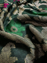 Bottle Green Color Linen Handloom Saree with Floral Pattern | Linen Saree | Handwoven Sarees | Gift for Her | Bengal Sarees | Meenakari - Kaash