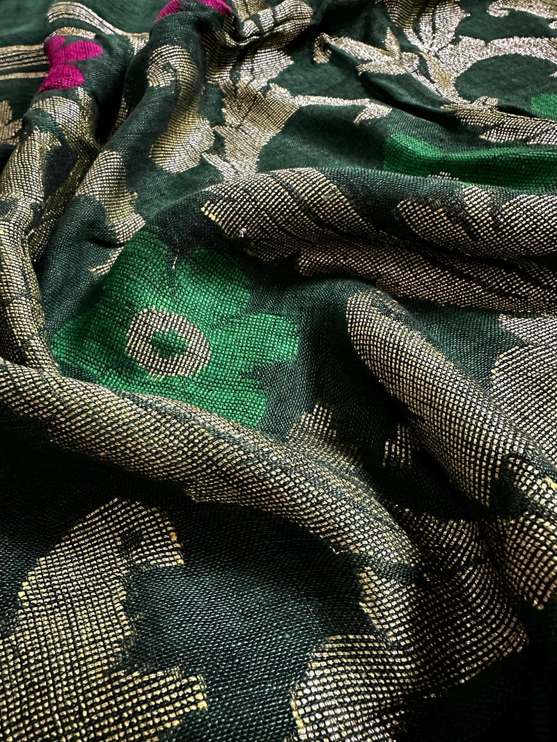 Bottle Green Color Linen Handloom Saree with Floral Pattern | Linen Saree | Handwoven Sarees | Gift for Her | Bengal Sarees | Meenakari - Kaash