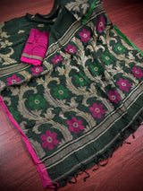 Bottle Green Color Linen Handloom Saree with Floral Pattern | Linen Saree | Handwoven Sarees | Gift for Her | Bengal Sarees | Meenakari - Kaash