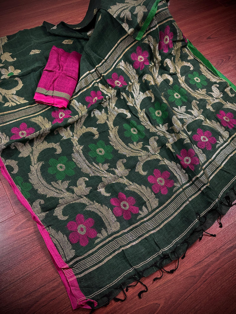 Bottle Green Color Linen Handloom Saree with Floral Pattern | Linen Saree | Handwoven Sarees | Gift for Her | Bengal Sarees | Meenakari - Kaash
