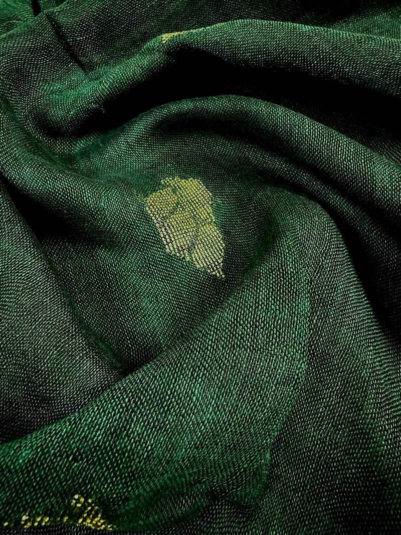 Bottle Green Color Linen Handloom Saree with Floral Pattern | Linen Saree | Handwoven Sarees | Gift for Her | Bengal Sarees | Meenakari - Kaash
