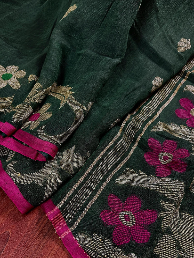 Bottle Green Color Linen Handloom Saree with Floral Pattern | Linen Saree | Handwoven Sarees | Gift for Her | Bengal Sarees | Meenakari - Kaash