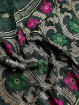 Bottle Green Color Linen Handloom Saree with Floral Pattern | Linen Saree | Handwoven Sarees | Gift for Her | Bengal Sarees | Meenakari - Kaash