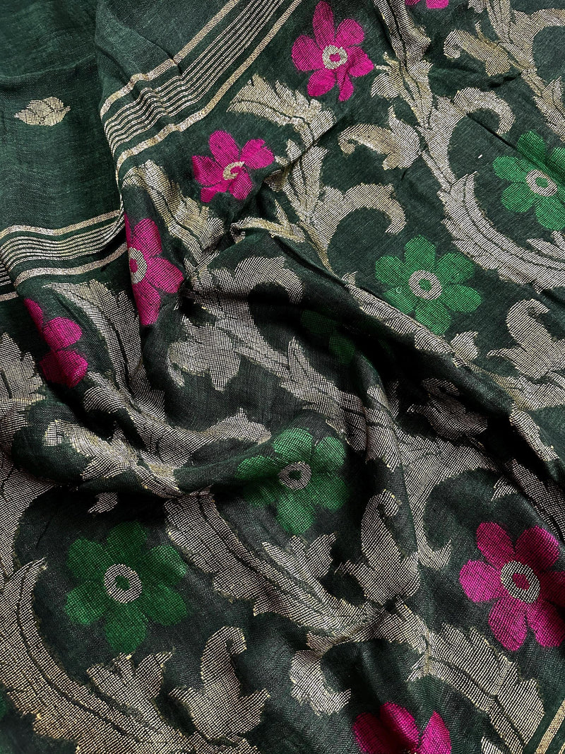 Bottle Green Color Linen Handloom Saree with Floral Pattern | Linen Saree | Handwoven Sarees | Gift for Her | Bengal Sarees | Meenakari - Kaash