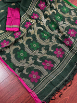 Bottle Green Color Linen Handloom Saree with Floral Pattern | Linen Saree | Handwoven Sarees | Gift for Her | Bengal Sarees | Meenakari - Kaash