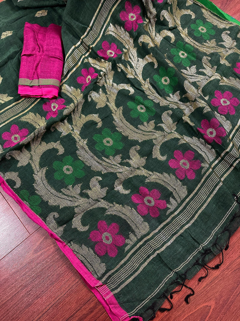 Bottle Green Color Linen Handloom Saree with Floral Pattern | Linen Saree | Handwoven Sarees | Gift for Her | Bengal Sarees | Meenakari - Kaash