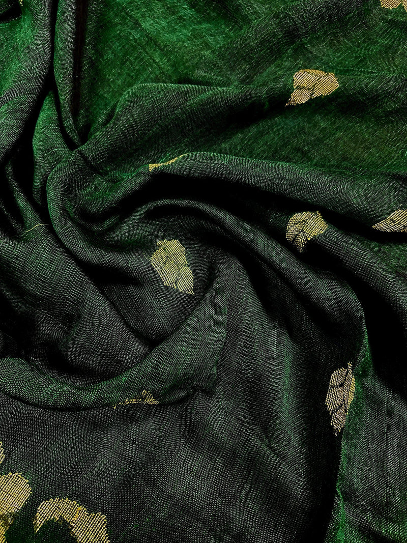 Bottle Green Color Linen Handloom Saree with Floral Pattern | Linen Saree | Handwoven Sarees | Gift for Her | Bengal Sarees | Meenakari - Kaash