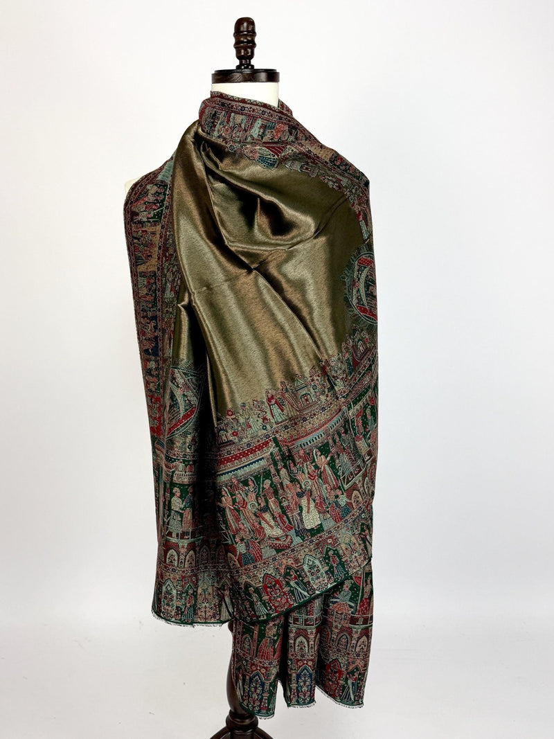 Bottle Green kani silk Kashmiri shawl with moonlight mughal kani weave — Kaash Collection