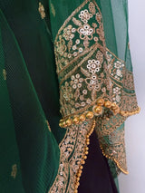Bottle Green net dupatta with gold zari, sequin & beads — Kaash Collection