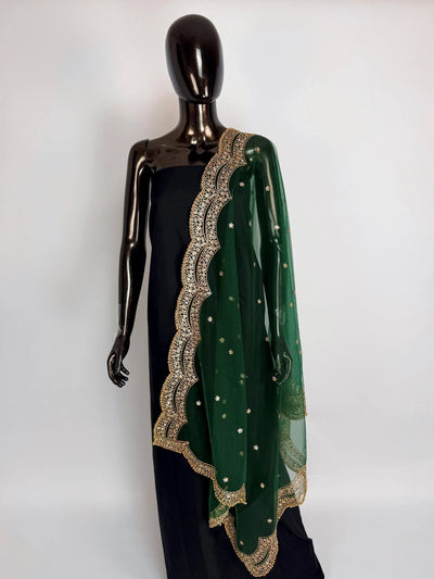 Bottle Green net dupatta with gold zari, sequin & beads — Kaash Collection