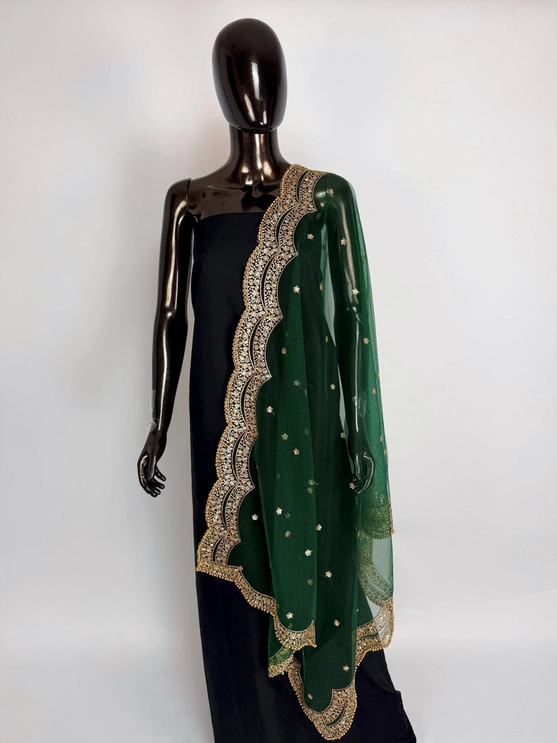 Bottle Green net dupatta with gold zari, sequin & beads — Kaash Collection