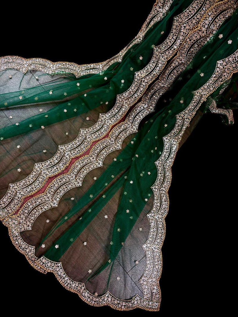 Bottle Green net dupatta with gold zari, sequin & beads — Kaash Collection