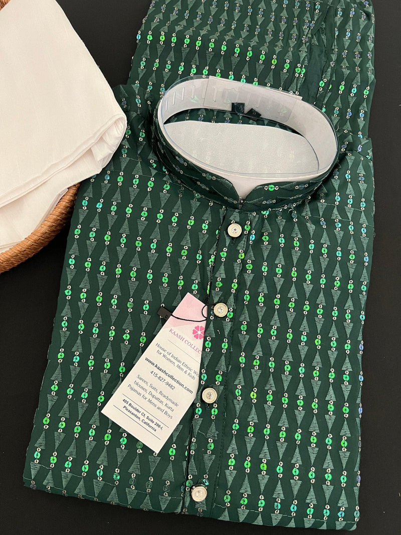 Bottle Green men's kurta pajama in premium silk with all-over sequin & embroidery on premium silk — Kaash Collection