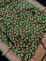 Bottle Green Color Pure Khaddi Georgette Banarasi Silk Saree with Antique Copper Zari Weave | Green Color Saree | SILK MARK CERTIFIED - Kaash