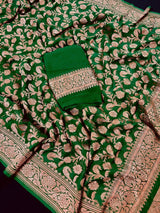 Bottle Green Color Pure Khaddi Georgette Banarasi Silk Saree with Antique Copper Zari Weave | Green Color Saree | SILK MARK CERTIFIED - Kaash