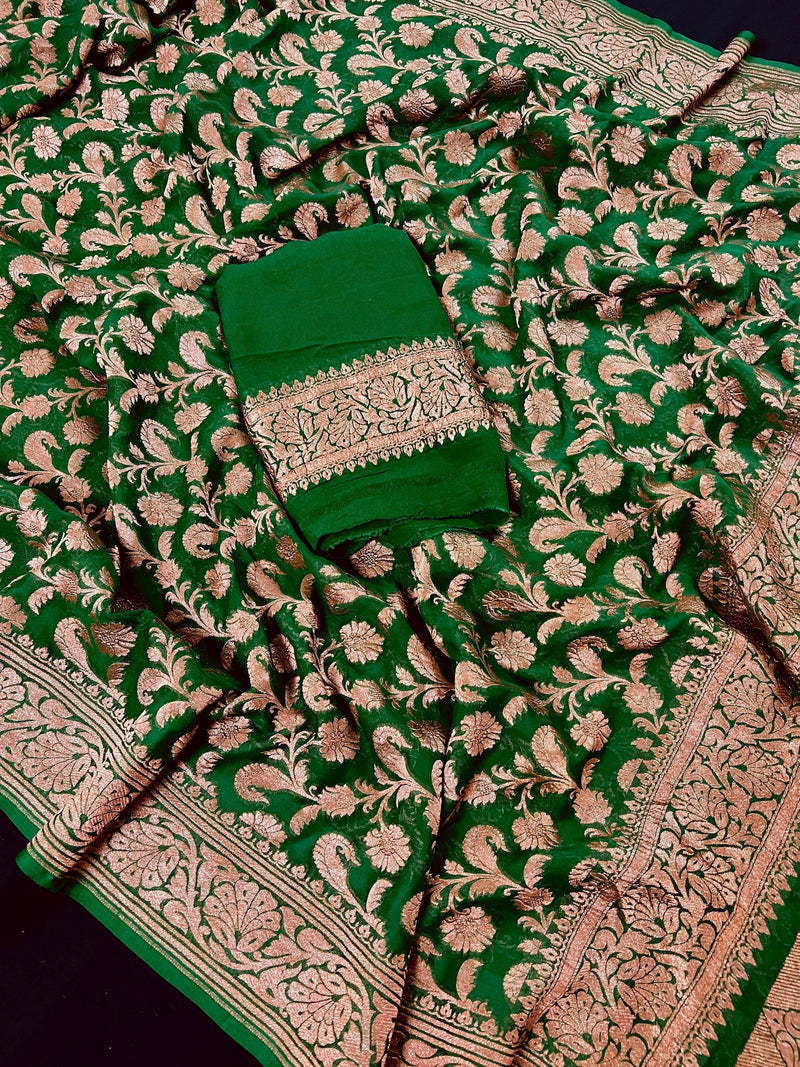 Bottle Green Color Pure Khaddi Georgette Banarasi Silk Saree with Antique Copper Zari Weave | Green Color Saree | SILK MARK CERTIFIED - Kaash