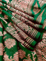 Bottle Green Color Pure Khaddi Georgette Banarasi Silk Saree with Antique Copper Zari Weave | Green Color Saree | SILK MARK CERTIFIED - Kaash