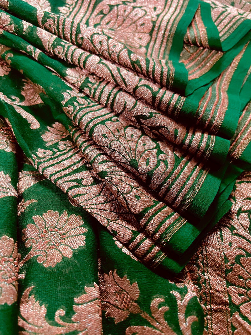 Bottle Green Color Pure Khaddi Georgette Banarasi Silk Saree with Antique Copper Zari Weave | Green Color Saree | SILK MARK CERTIFIED - Kaash