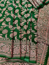 Bottle Green Color Pure Khaddi Georgette Banarasi Silk Saree with Antique Copper Zari Weave | Green Color Saree | SILK MARK CERTIFIED - Kaash
