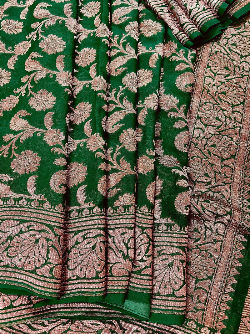Bottle Green Color Pure Khaddi Georgette Banarasi Silk Saree with Antique Copper Zari Weave | Green Color Saree | SILK MARK CERTIFIED - Kaash