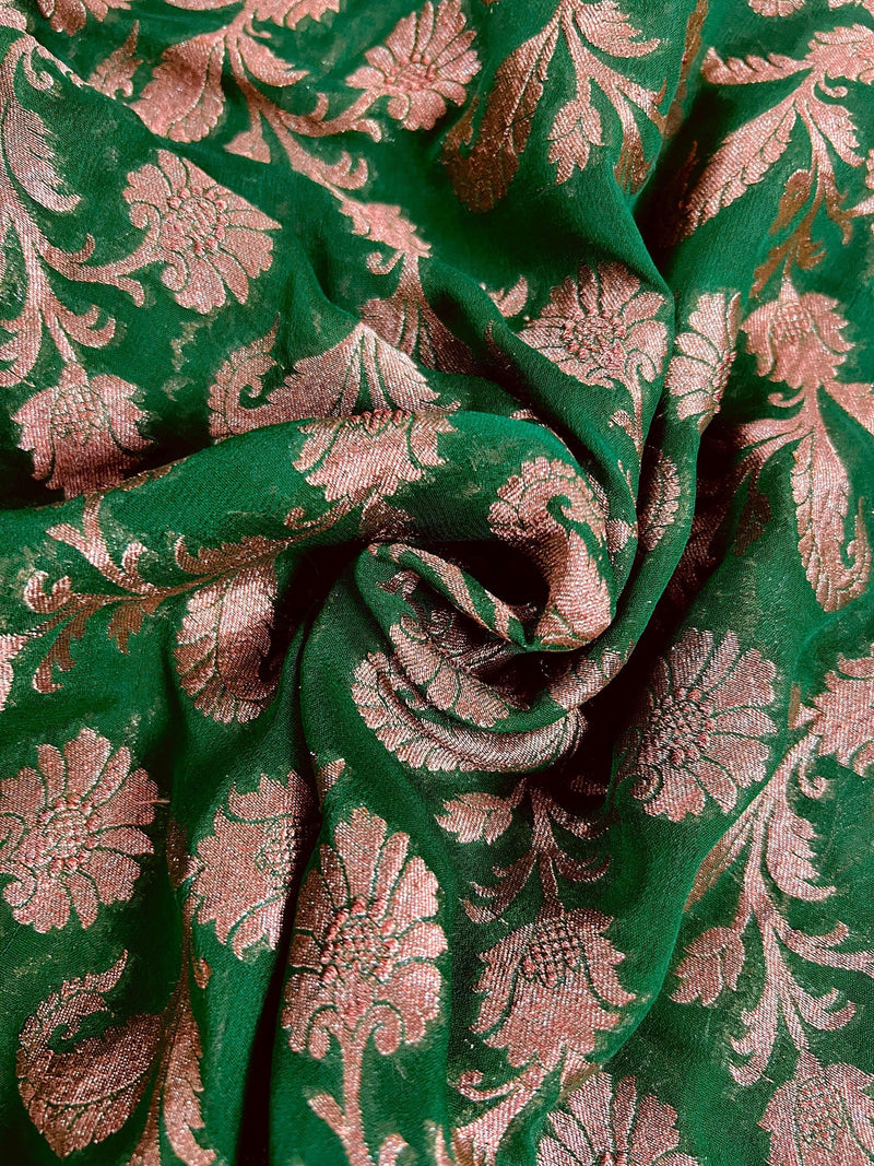 Bottle Green Color Pure Khaddi Georgette Banarasi Silk Saree with Antique Copper Zari Weave | Green Color Saree | SILK MARK CERTIFIED - Kaash