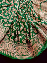Bottle Green Color Pure Khaddi Georgette Banarasi Silk Saree with Antique Copper Zari Weave | Green Color Saree | SILK MARK CERTIFIED - Kaash