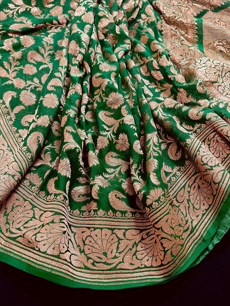 Bottle Green Color Pure Khaddi Georgette Banarasi Silk Saree with Antique Copper Zari Weave | Green Color Saree | SILK MARK CERTIFIED - Kaash