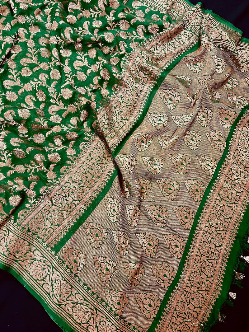 Bottle Green Color Pure Khaddi Georgette Banarasi Silk Saree with Antique Copper Zari Weave | Green Color Saree | SILK MARK CERTIFIED - Kaash