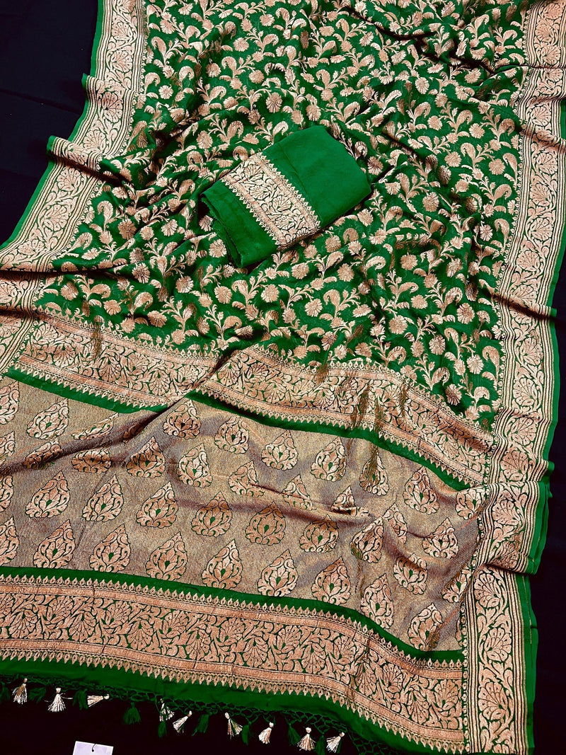 Bottle Green Color Pure Khaddi Georgette Banarasi Silk Saree with Antique Copper Zari Weave | Green Color Saree | SILK MARK CERTIFIED - Kaash