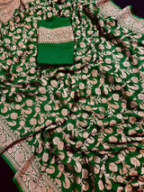Bottle Green Color Pure Khaddi Georgette Banarasi Silk Saree with Antique Copper Zari Weave | Green Color Saree | SILK MARK CERTIFIED - Kaash