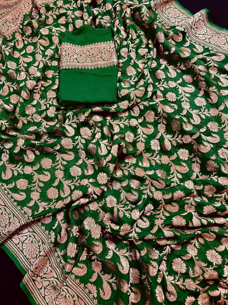 Bottle Green Color Pure Khaddi Georgette Banarasi Silk Saree with Antique Copper Zari Weave | Green Color Saree | SILK MARK CERTIFIED - Kaash