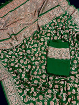Bottle Green Color Pure Khaddi Georgette Banarasi Silk Saree with Antique Copper Zari Weave | Green Color Saree | SILK MARK CERTIFIED - Kaash