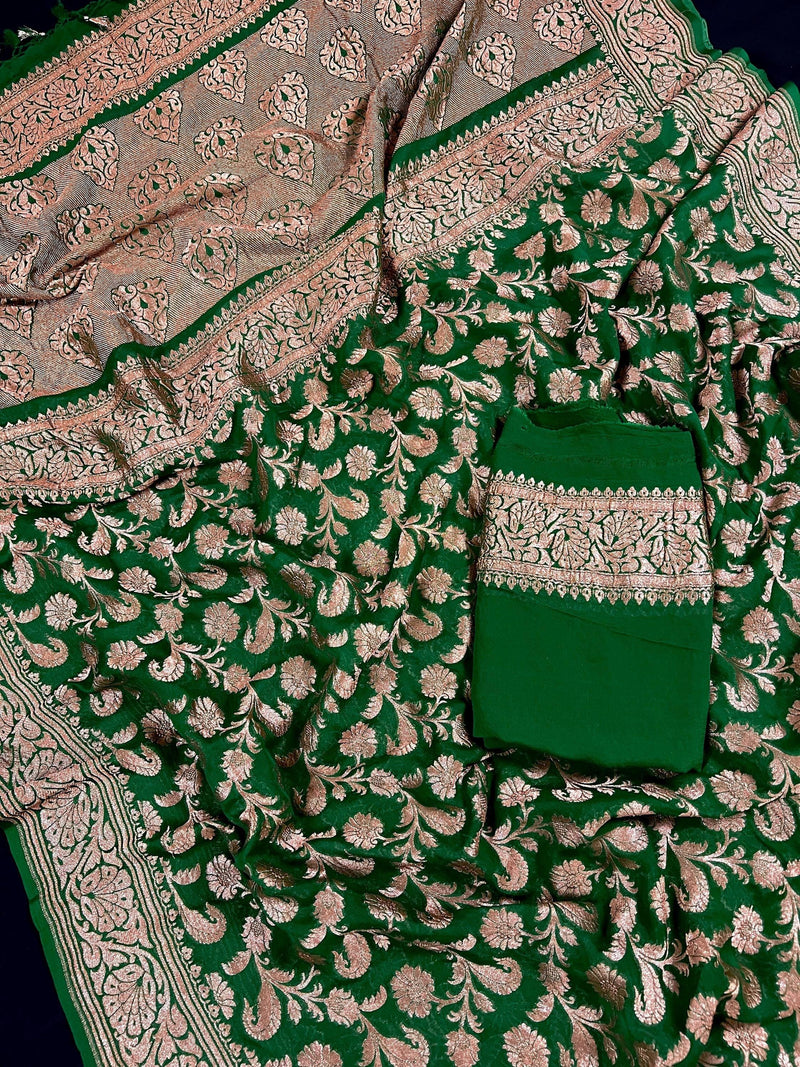 Bottle Green Color Pure Khaddi Georgette Banarasi Silk Saree with Antique Copper Zari Weave | Green Color Saree | SILK MARK CERTIFIED - Kaash