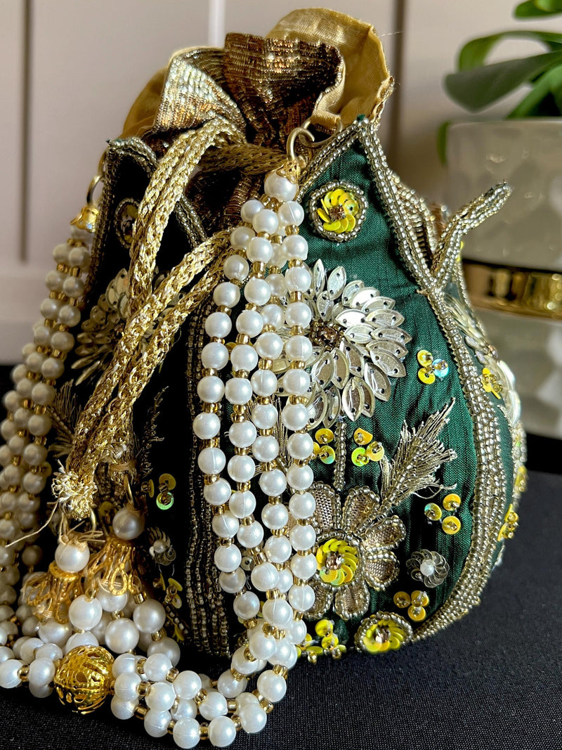 Bottle Green Color Wedding Potli Bag | Handmade Embellished Stone and Pearl | Desi Indian Pakistani Wedding Purse | Evening Party Purse - Kaash