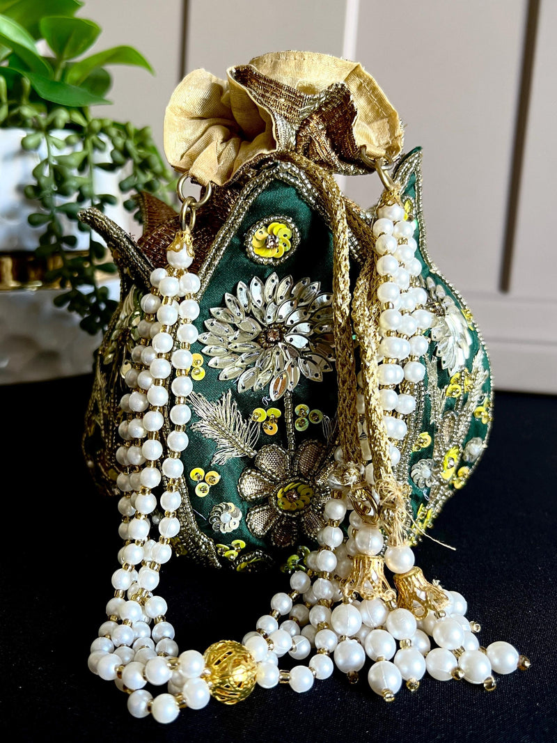 Bottle Green Color Wedding Potli Bag | Handmade Embellished Stone and Pearl | Desi Indian Pakistani Wedding Purse | Evening Party Purse - Kaash