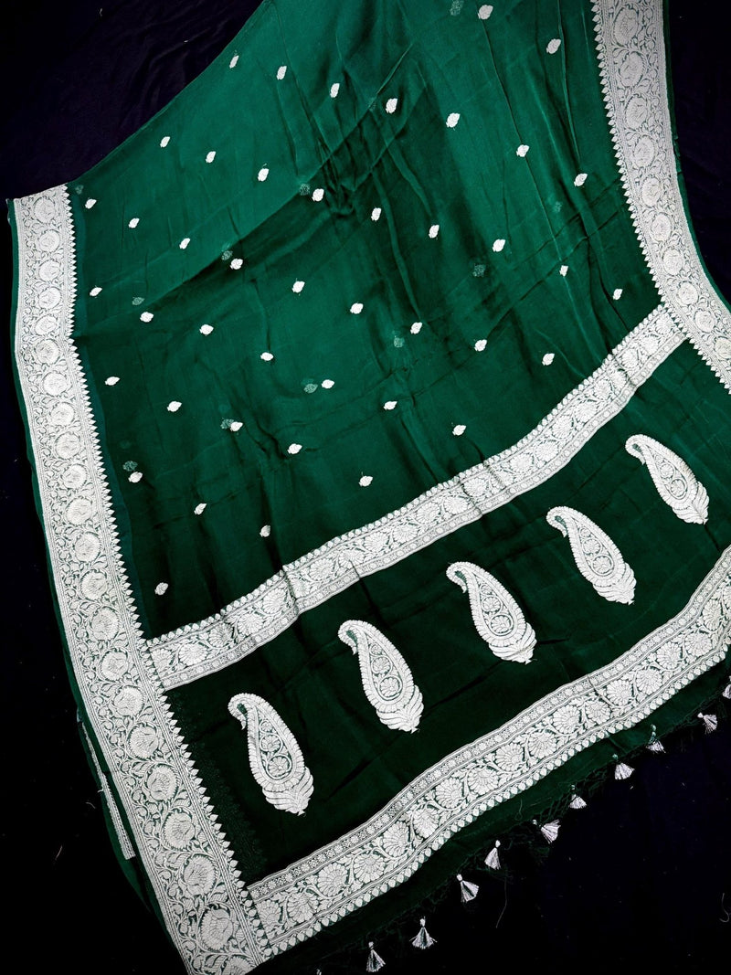 Bottle Green pure chiffon silk saree with silver zari work — Kaash Collection
