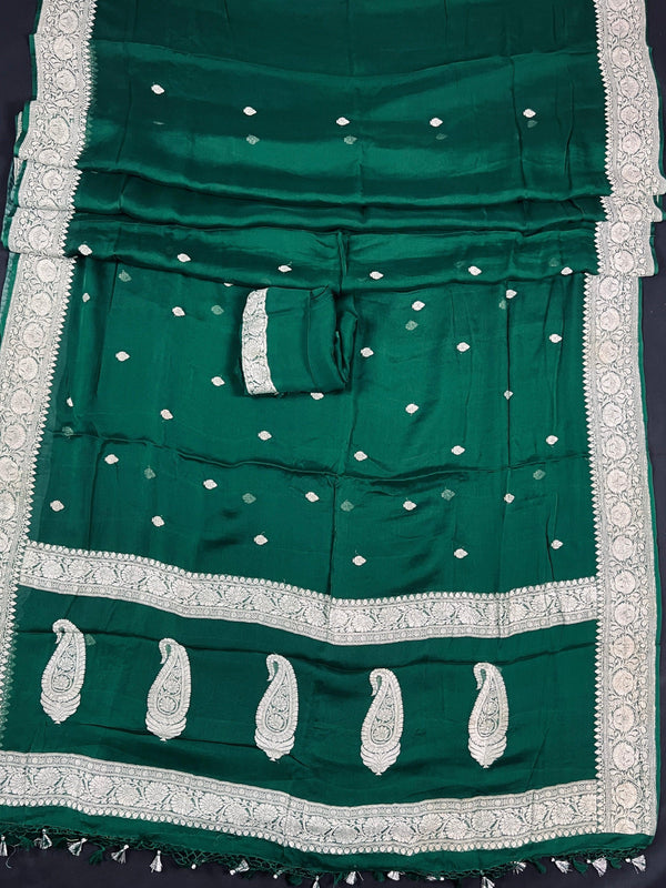 Bottle Green Pure Chiffon Silk Saree with Sliver Zari Work | Ambi Style Butta on the Border | Party Wear Sarees | SILK MARK CERTIFIED - Kaash